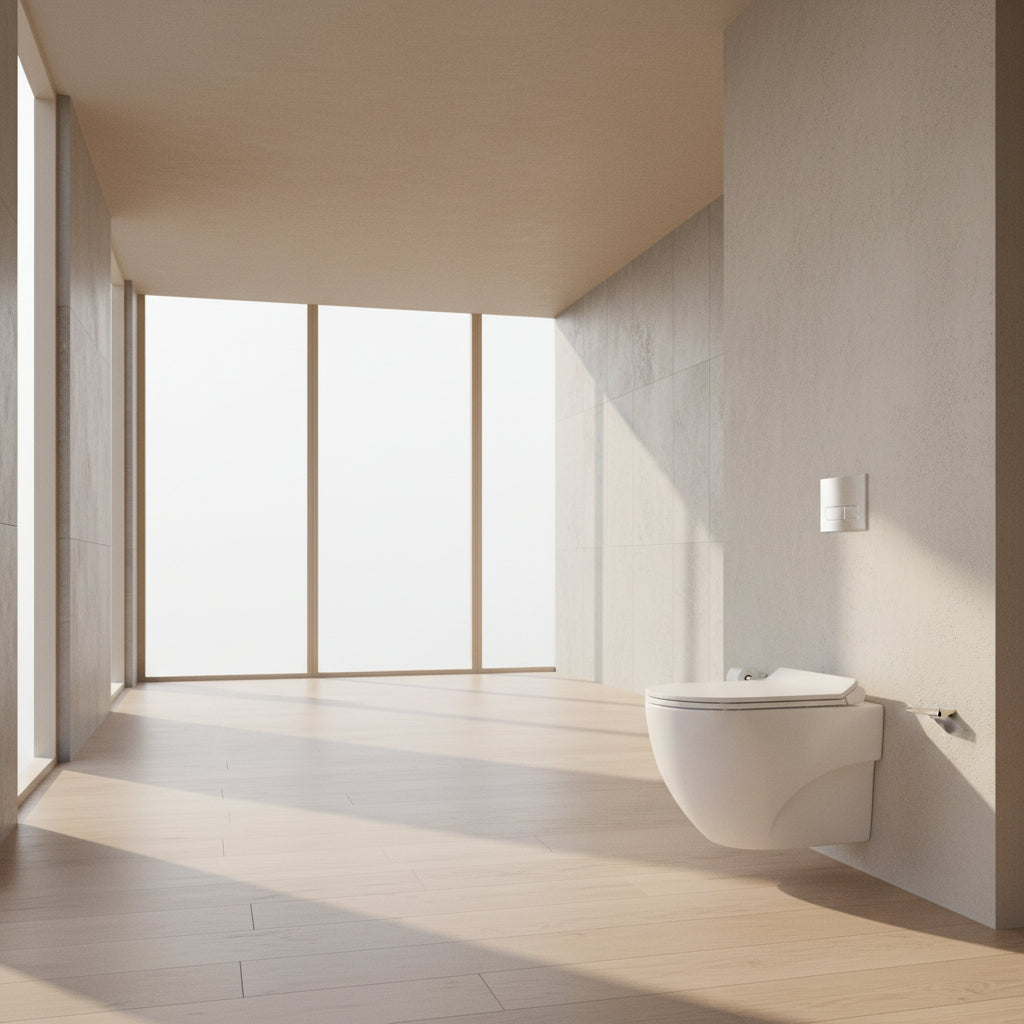Wall-mounted toilet in a bathroom with a gray wall and floor.