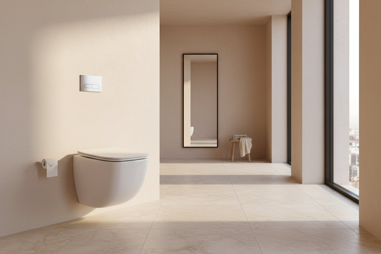 Wall-mounted toilet in a bathroom with a gray wall and floor.
