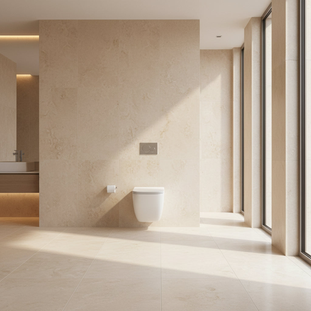 Wall-mounted toilet in a bathroom with a gray wall and floor.
