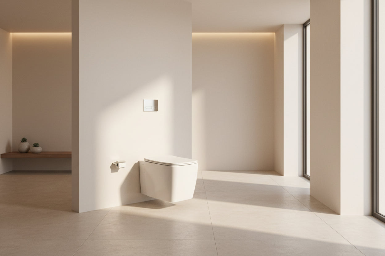 Wall-mounted toilet in a bathroom with a gray wall and floor.