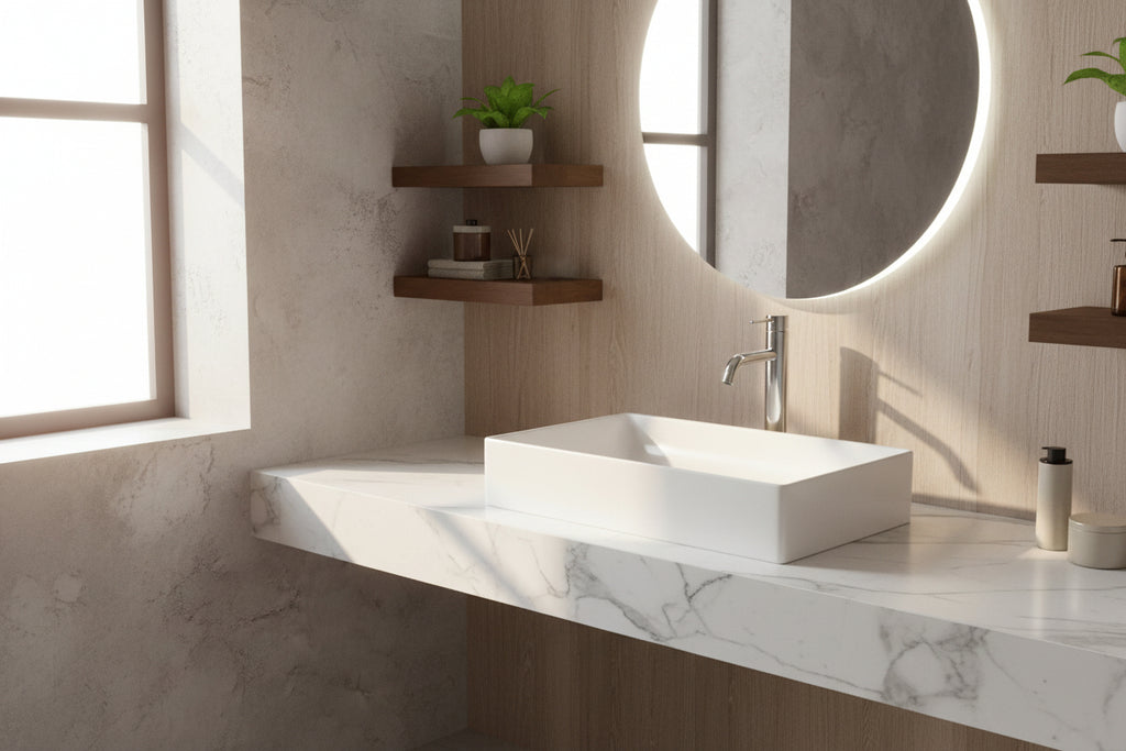 White rectangular sink on a gray countertop with a round mirror above.