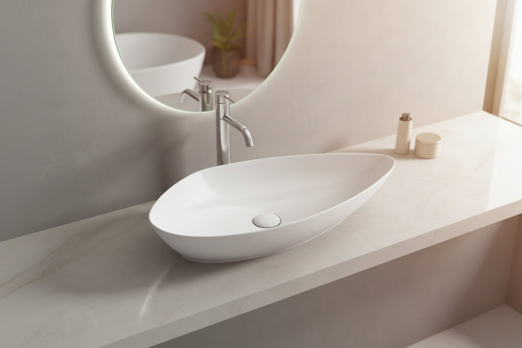 White oval sink on a gray countertop with a mirror and faucet in the background