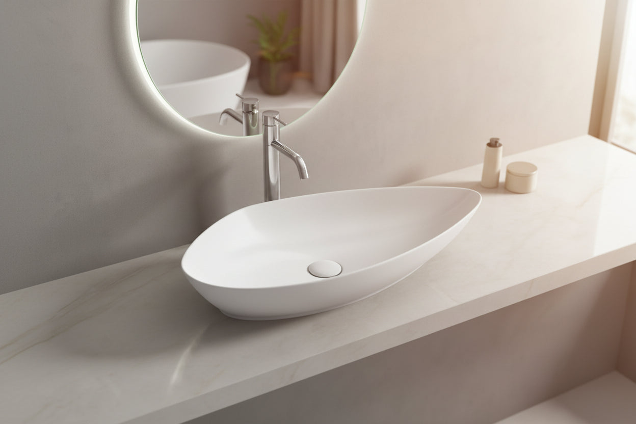 White oval sink on a gray countertop with a mirror and faucet in the background