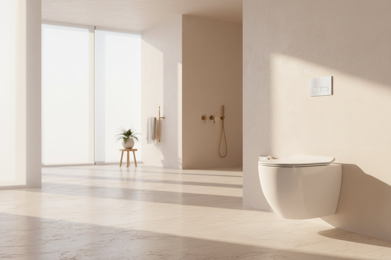 Wall-mounted toilet in a bathroom with a gray wall and floor.