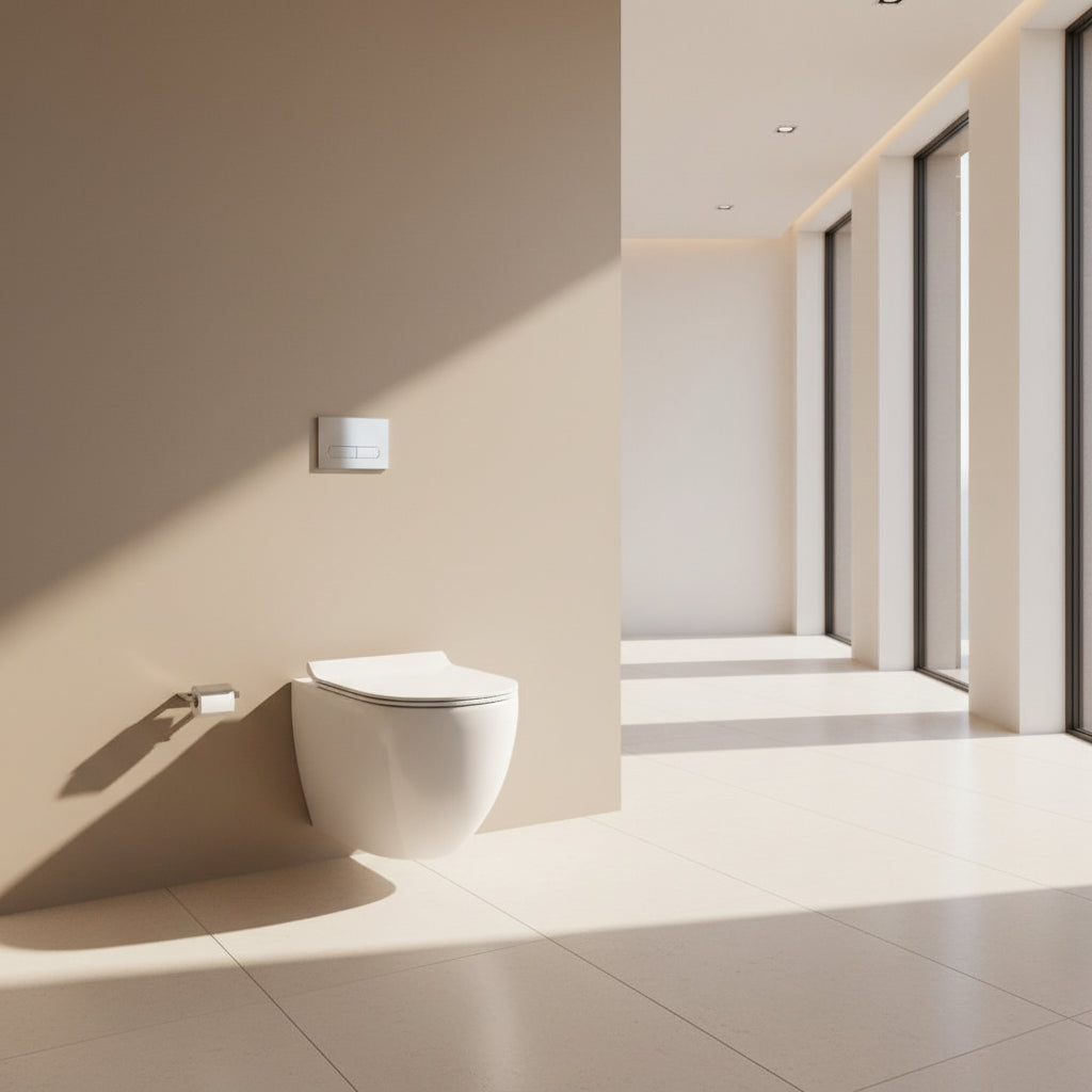 Wall-mounted toilet in a bathroom with a gray wall and floor.