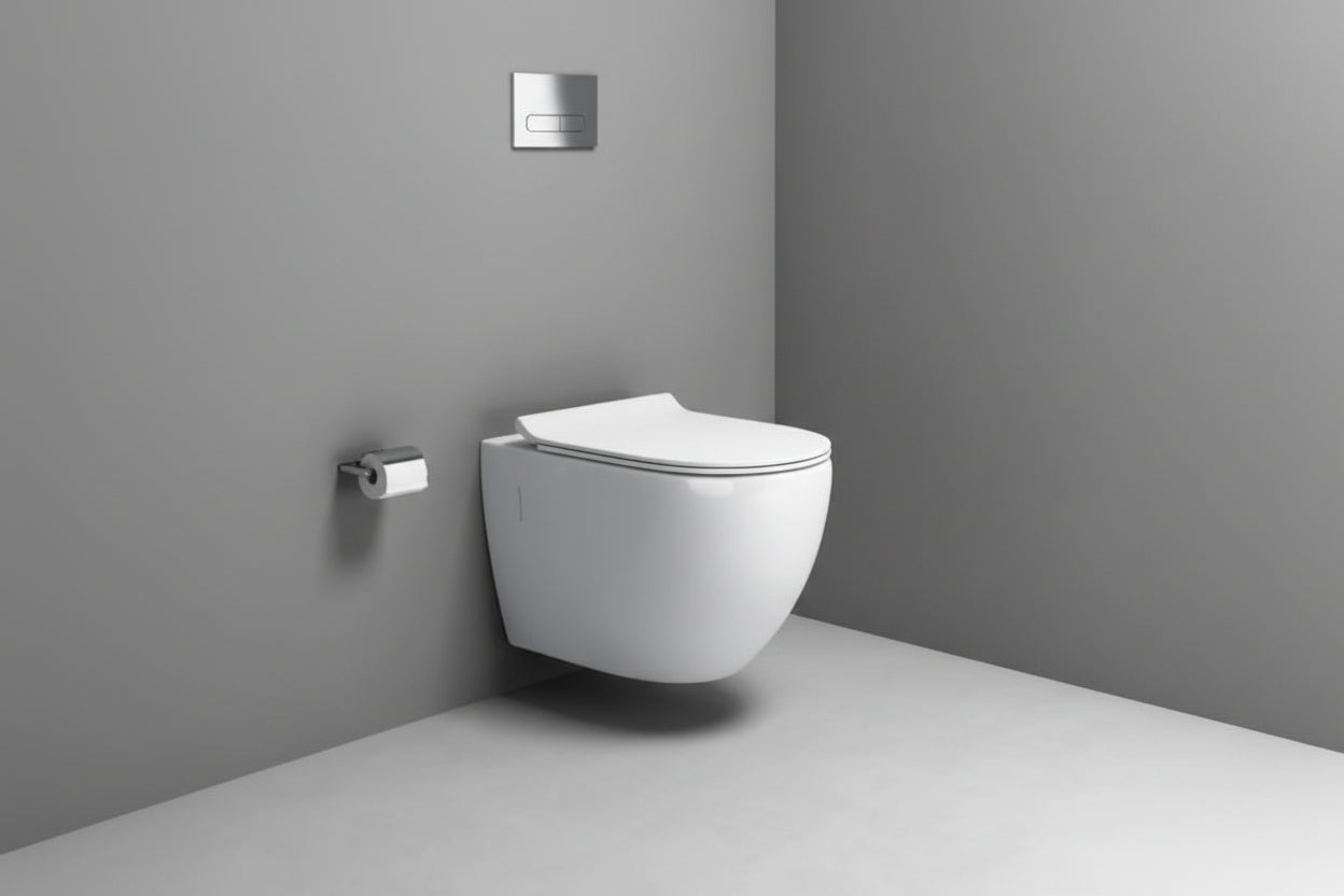 Wall-mounted toilet in a bathroom with a gray wall and floor.