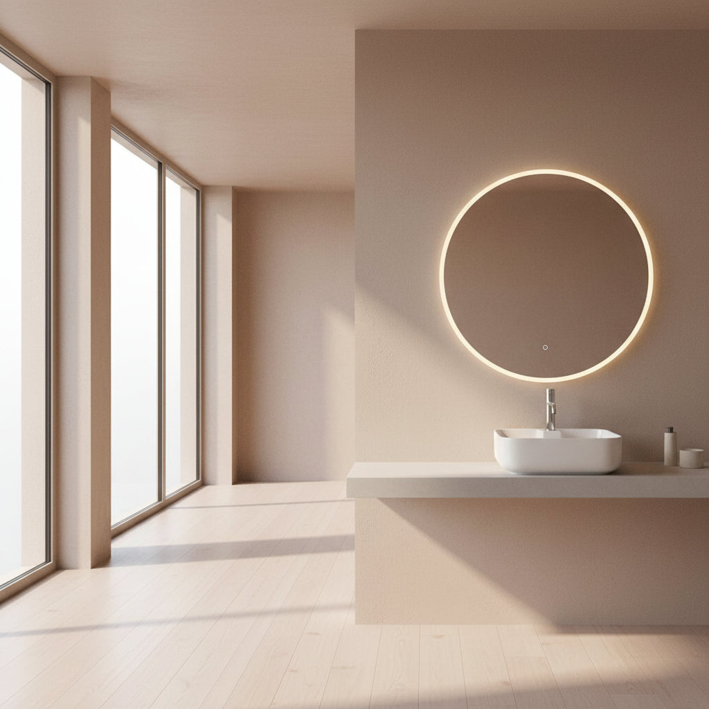 Square ceramic sink on a gray countertop with a round mirror above.
