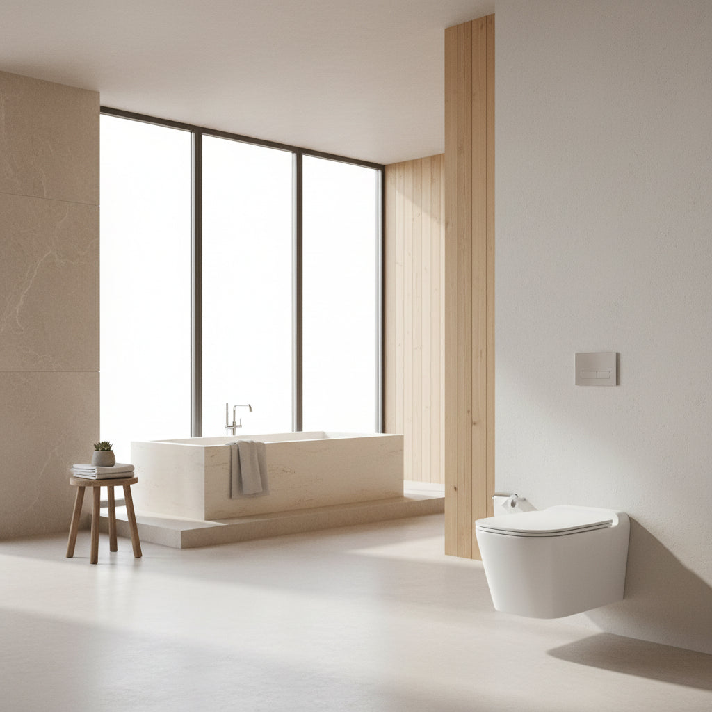 Wall-mounted toilet in a bathroom with a gray wall and floor.