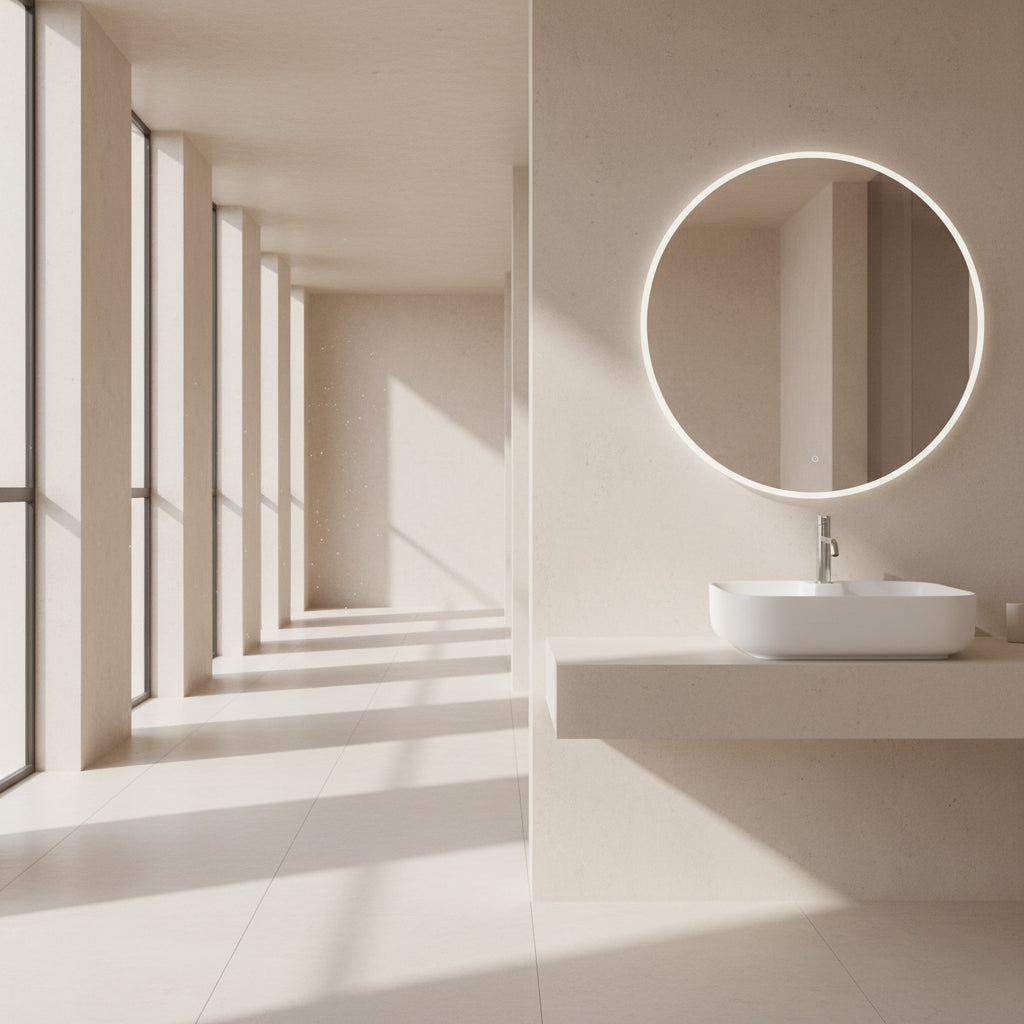 Rectangular white sink on a gray countertop with a round mirror above.
