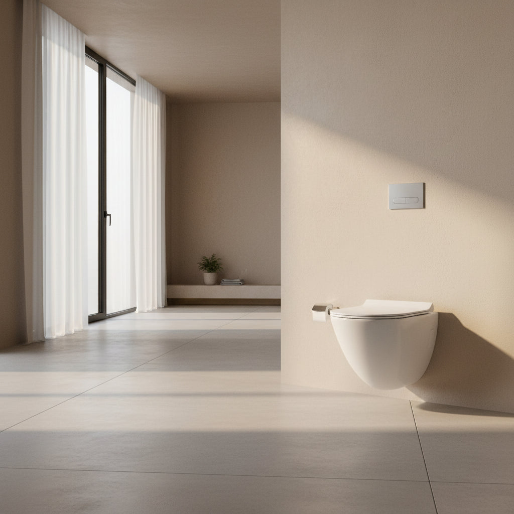 Wall-mounted toilet in a bathroom with a gray wall and floor.