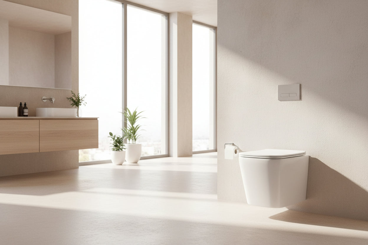 Wall-mounted toilet in a bathroom with a gray wall and floor.
