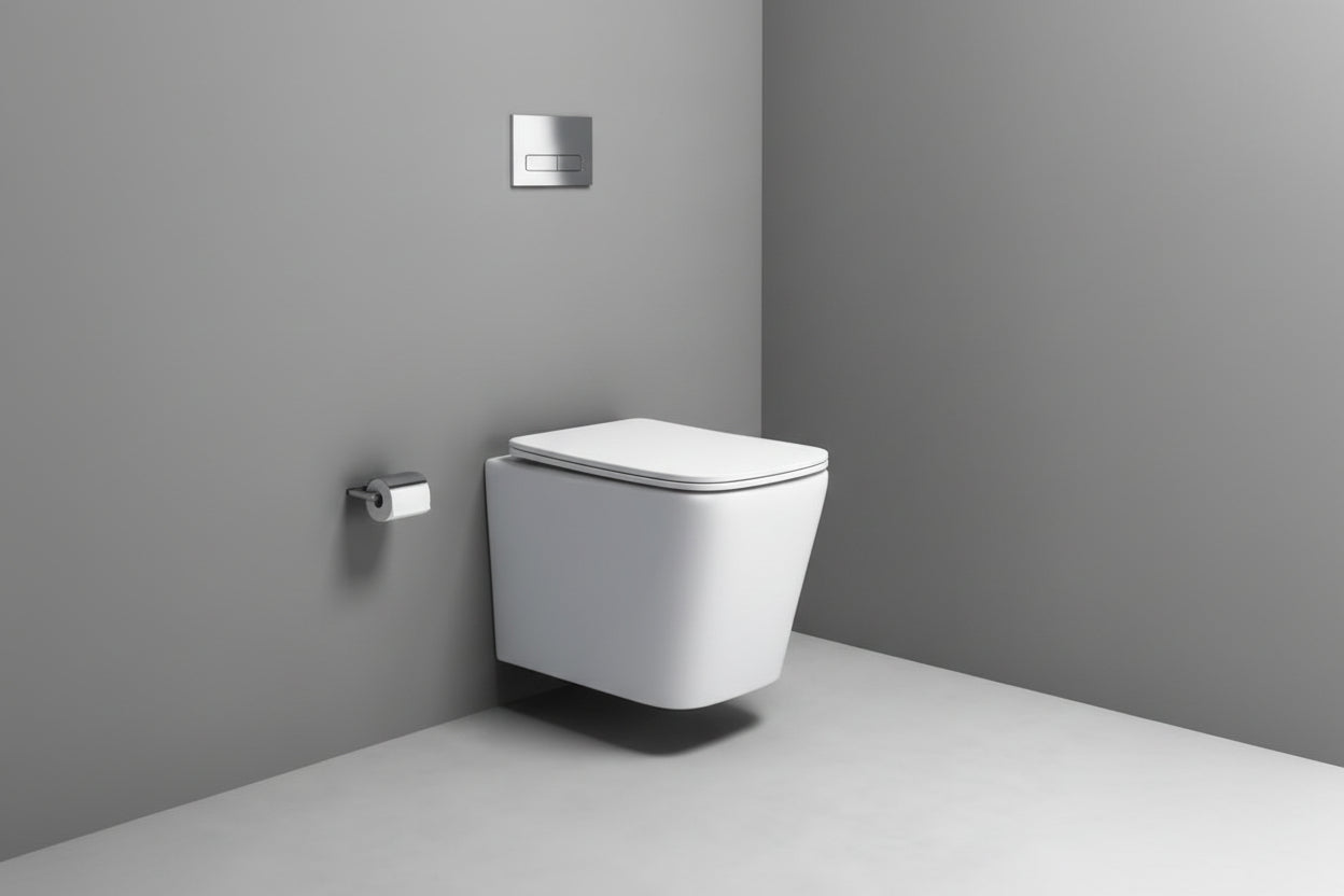 Wall-mounted white toilet against a gray wall with a silver flush handle.