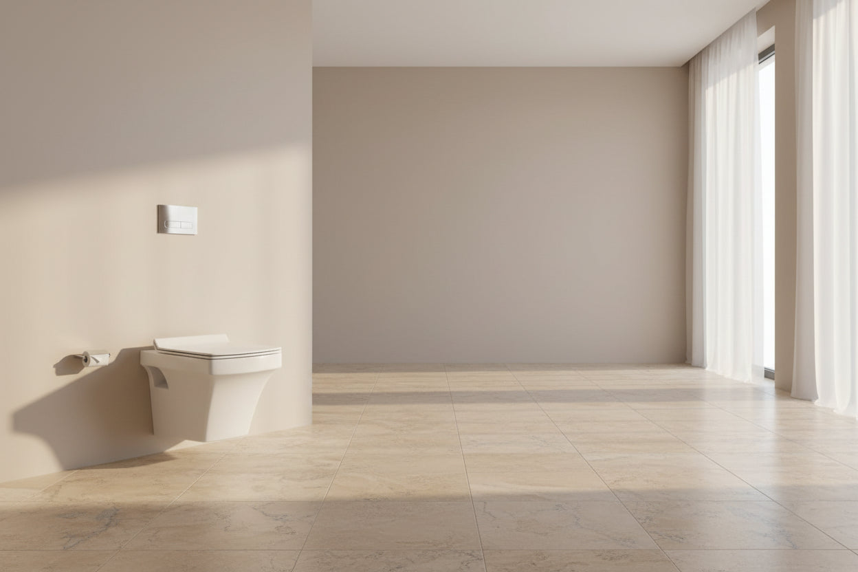 Wall-mounted toilet in a bathroom with a gray wall and floor.