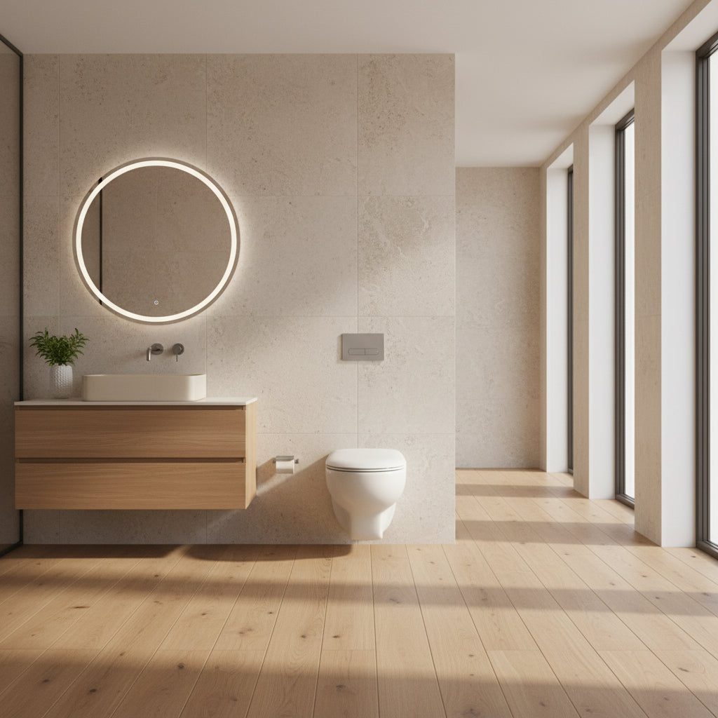 Wall-mounted toilet in a bathroom with a gray wall and floor.