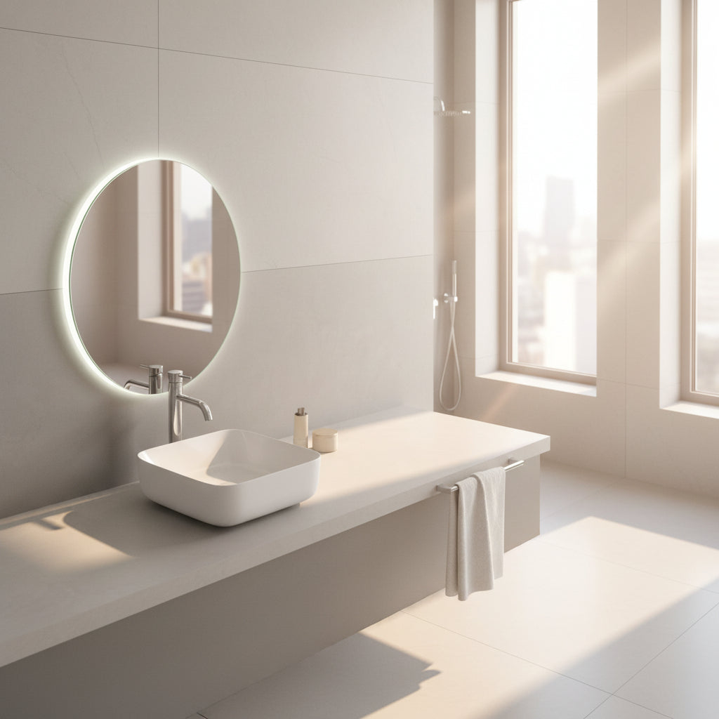 Square bathroom sink on a countertop with a mirror above