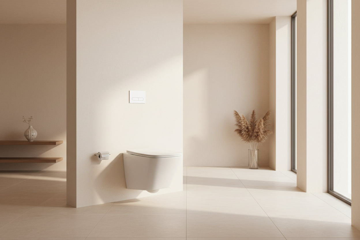 Wall-mounted toilet in a bathroom with a gray wall and floor.