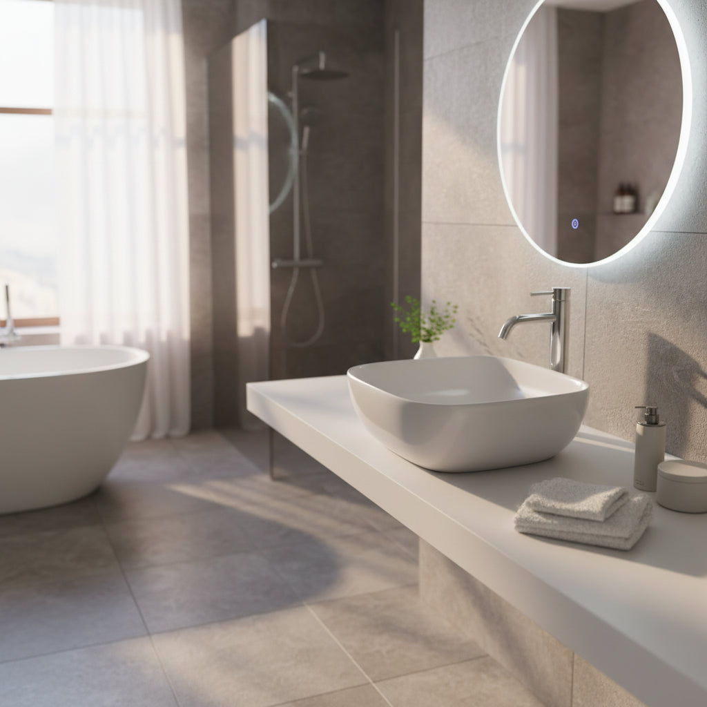 Square white ceramic sink on a gray countertop with a mirror above.