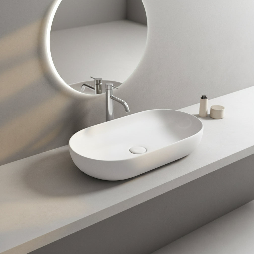 Modern bathroom sink with faucet and mirror on a light gray wall.