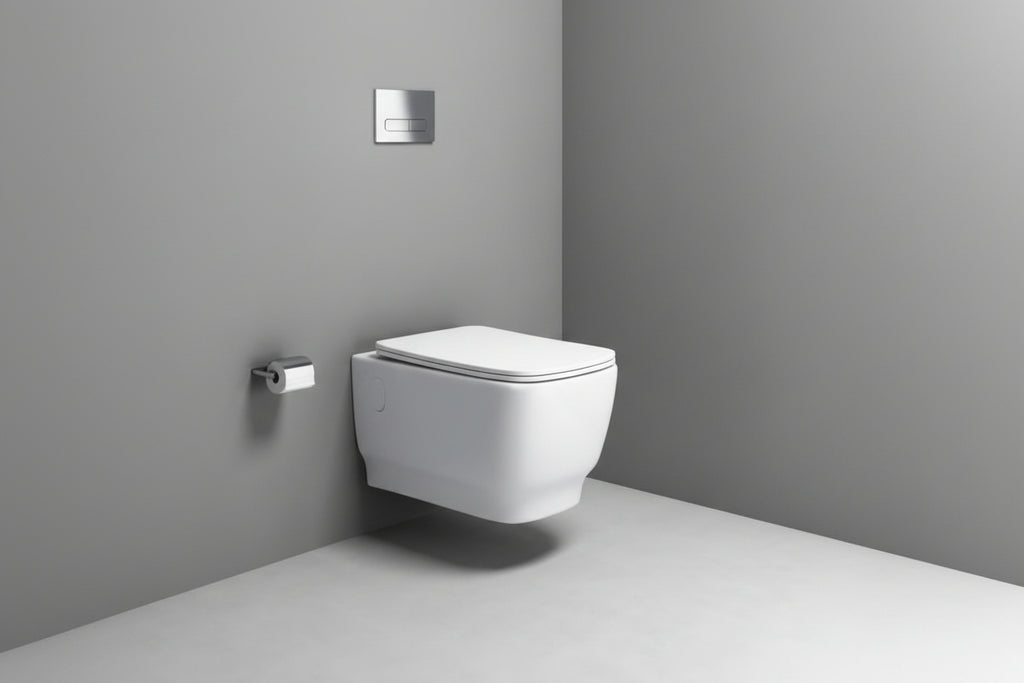 Wall-mounted toilet in a bathroom with gray walls and floor.