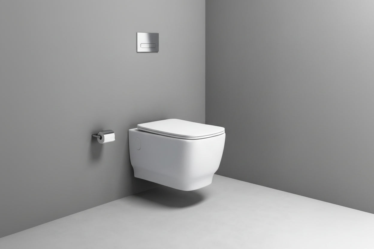 Wall-mounted toilet in a bathroom with gray walls and floor.