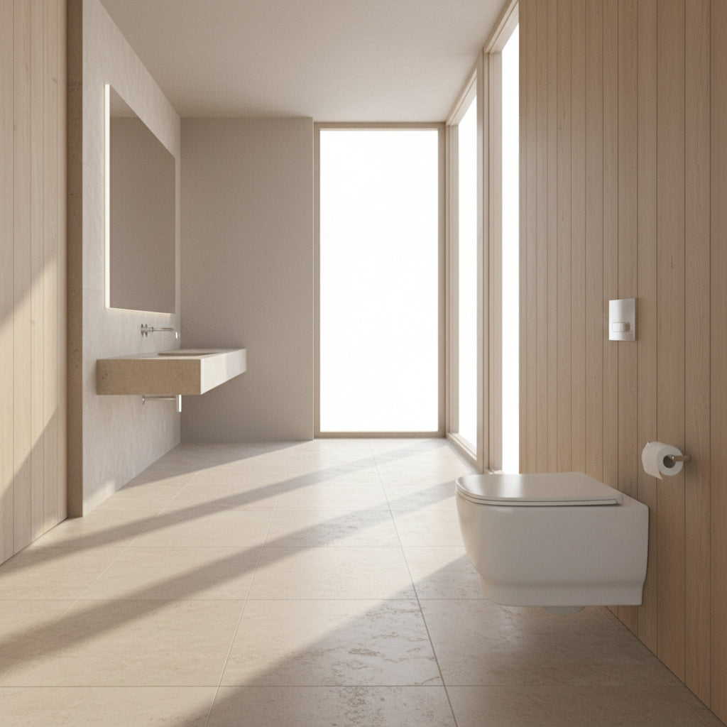 Wall-mounted toilet in a bathroom with a gray wall and floor.