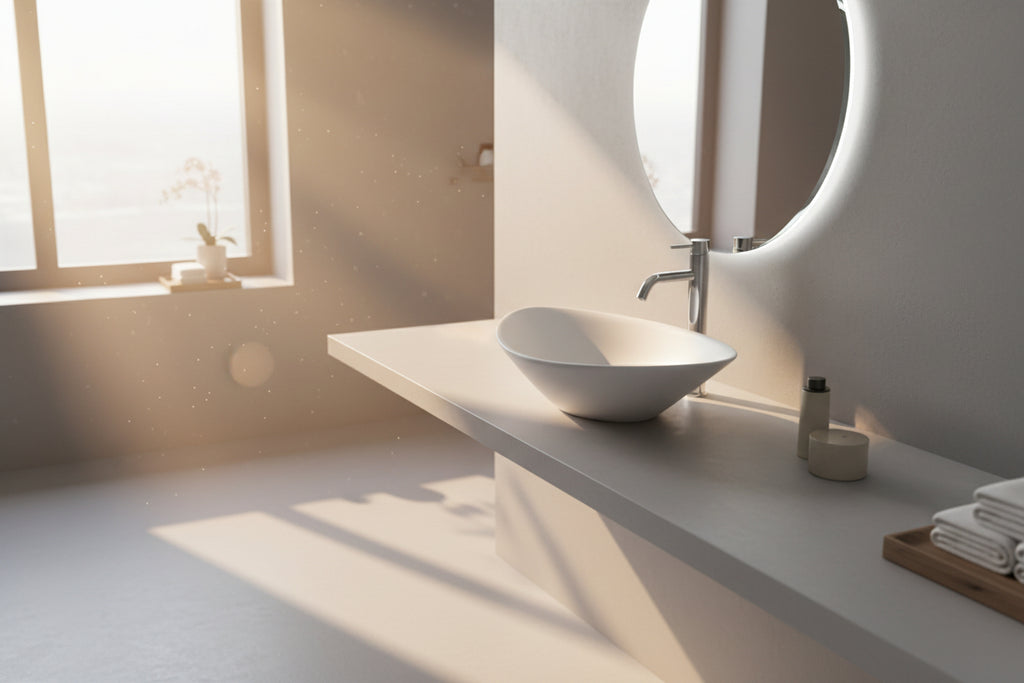 White oval sink on a gray countertop with a round mirror above it.