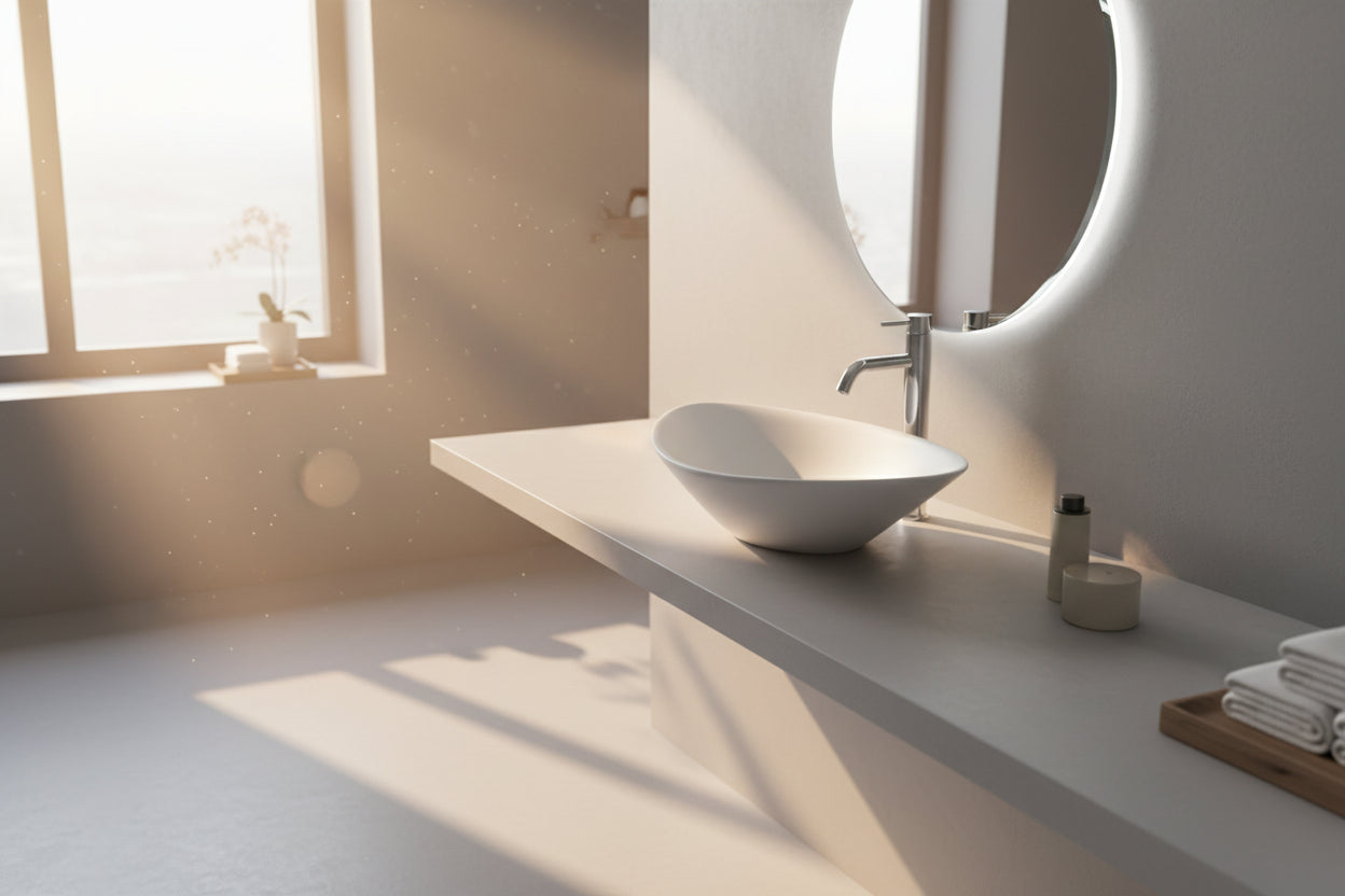 White oval sink on a gray countertop with a round mirror above it.