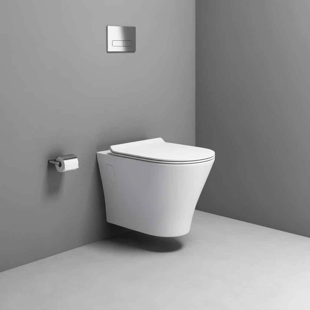 Wall-mounted toilet in a bathroom with a gray wall and floor.