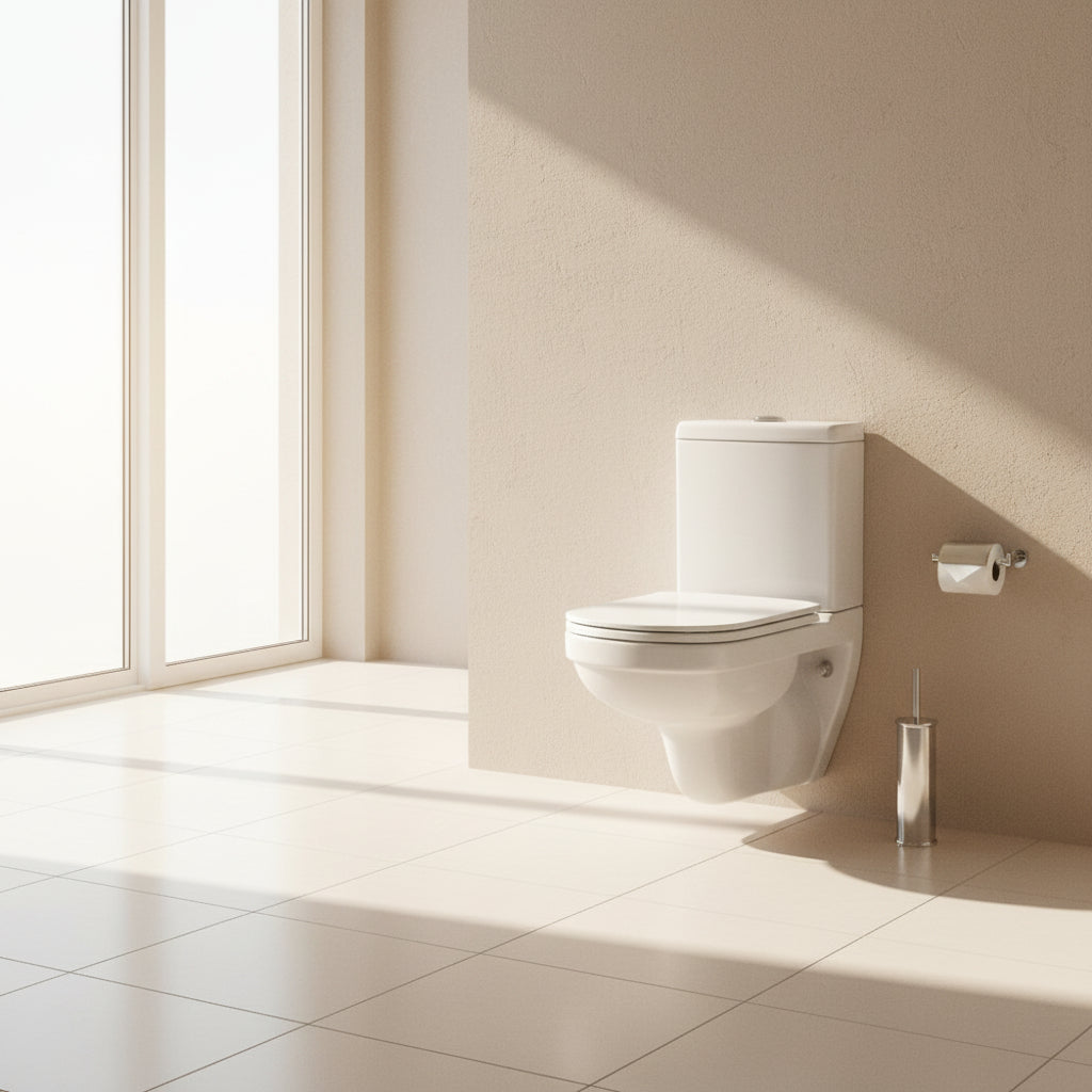 Wall-mounted toilet in a bathroom with a gray wall and floor.