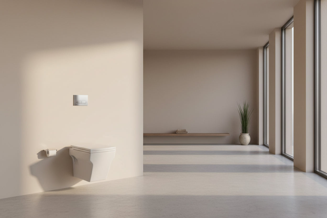 Wall-mounted toilet in a bathroom with a gray wall and floor.