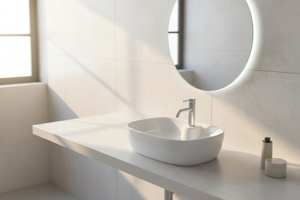 White ceramic sink on a gray countertop with a round mirror above.