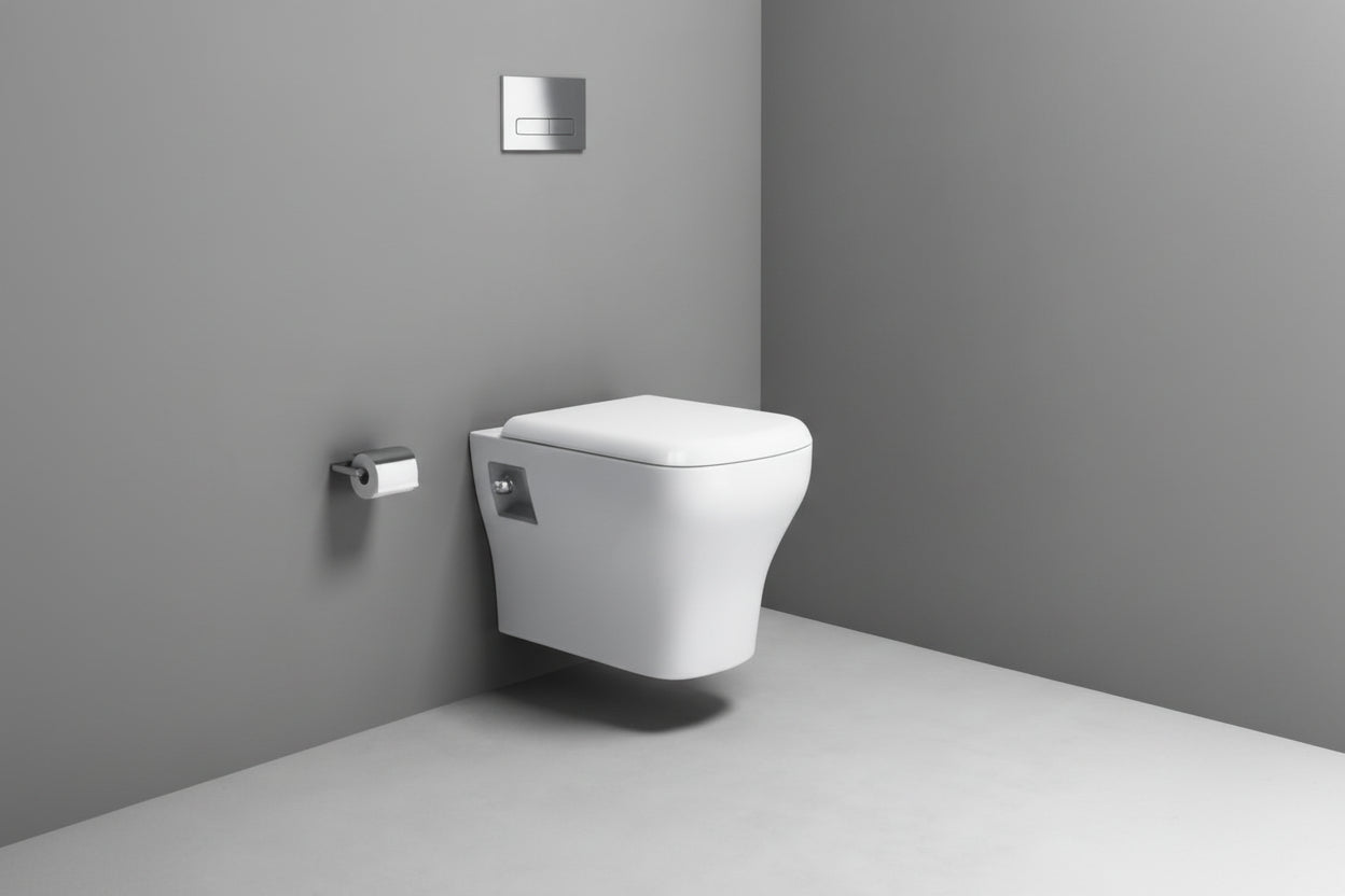 Wall-mounted toilet in a bathroom with a gray wall and floor.