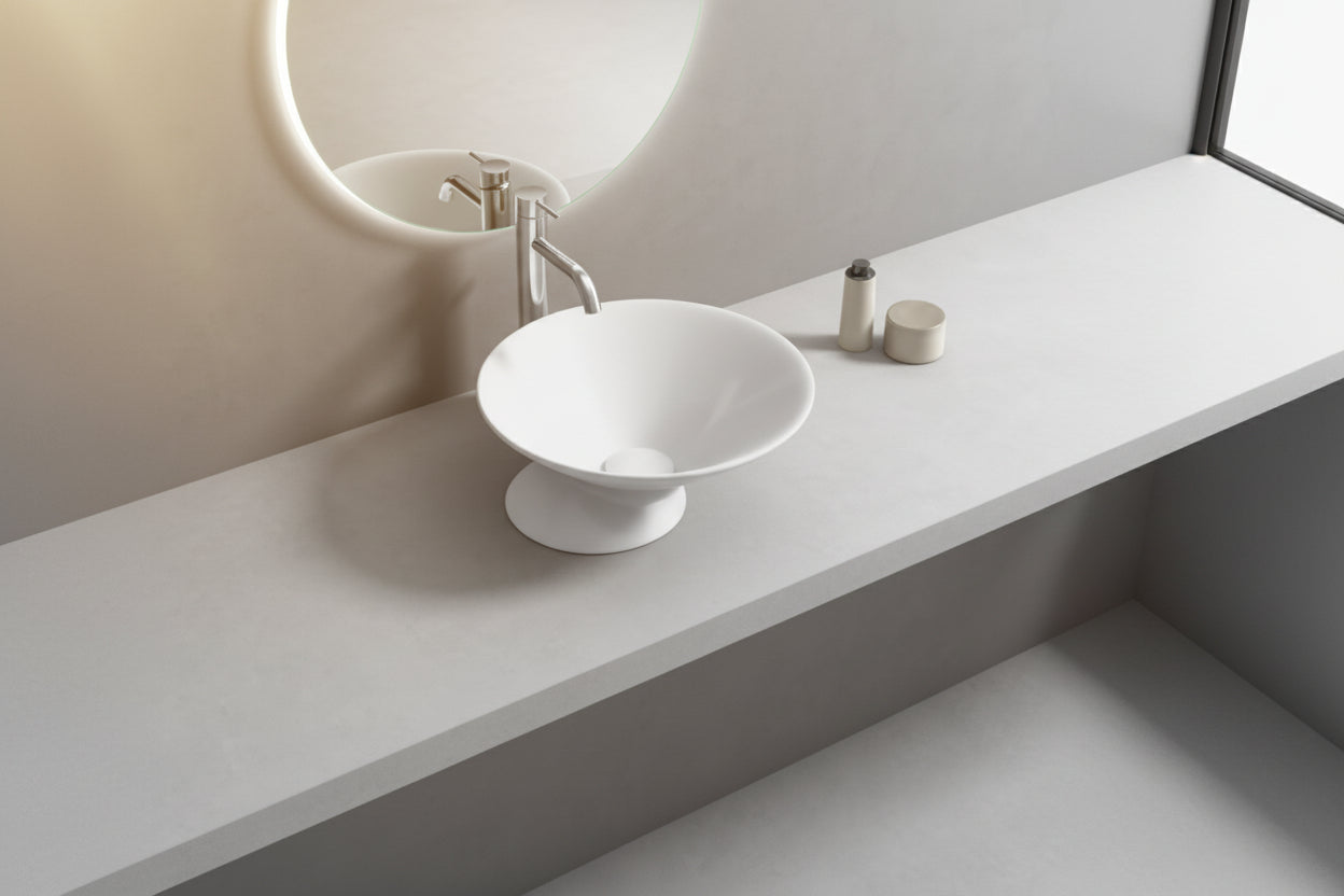 Bathroom vanity with a white pedestal sink and round mirror.